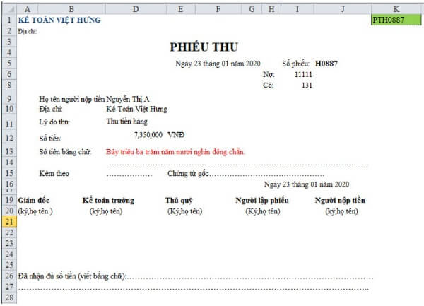 Download Mẫu phiếu thu chi bằng Excel